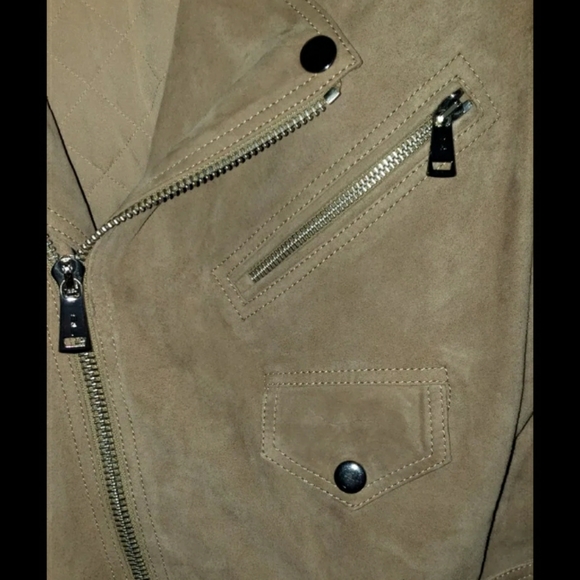 POLO RALPH LAUREN Womens Beige Suede Asymmetric Belted Biker Moto Jacket Sz 10 - Picture 3 of 16